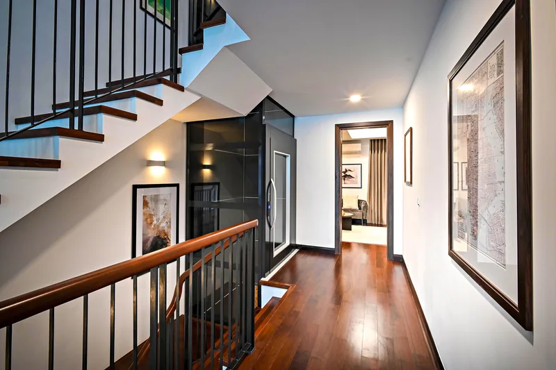 A split-level landing measured for cabinetry
